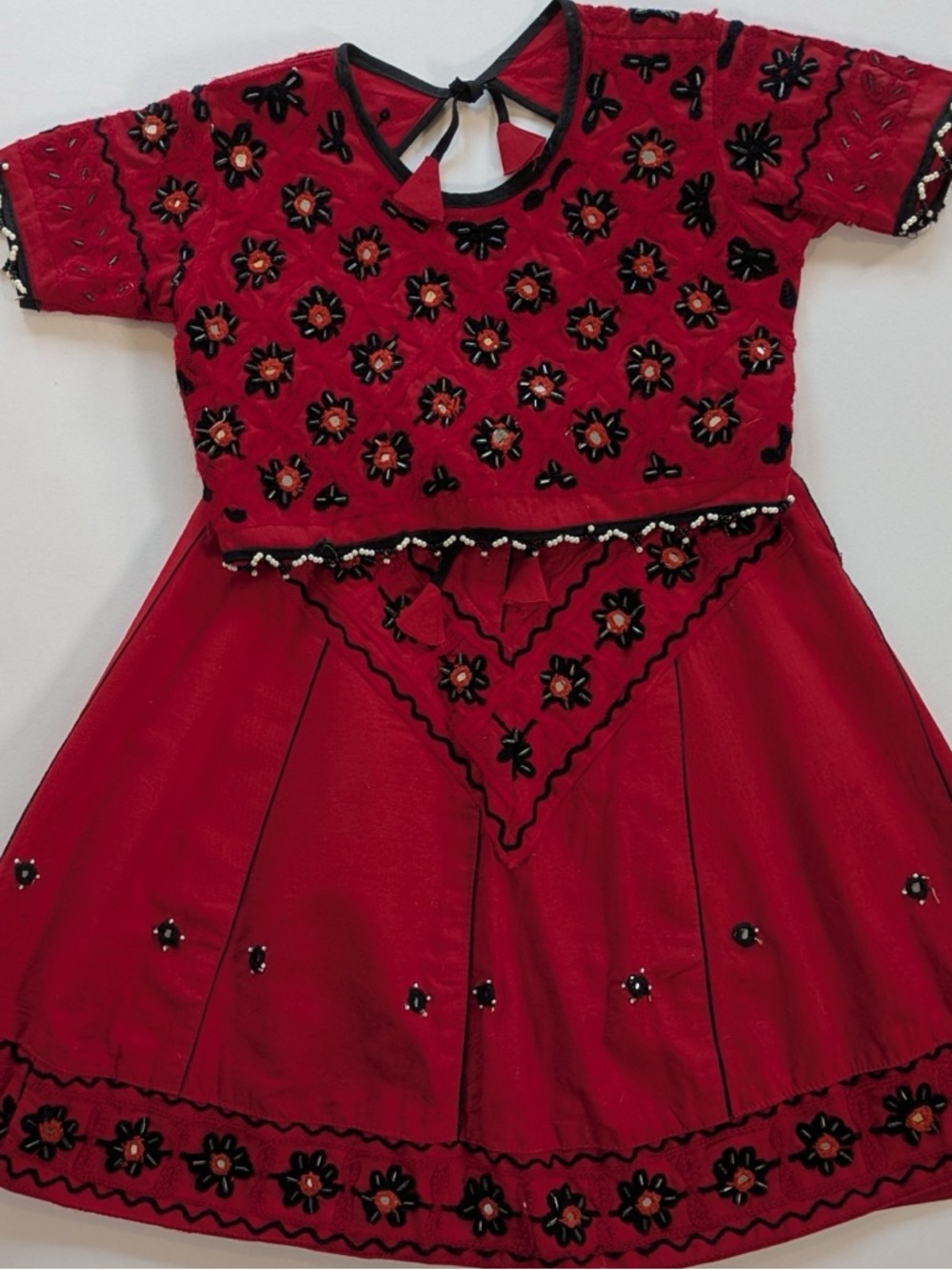 Girls' Embellished Red Indian Skirt and Top Set, Bead and Mirror Work